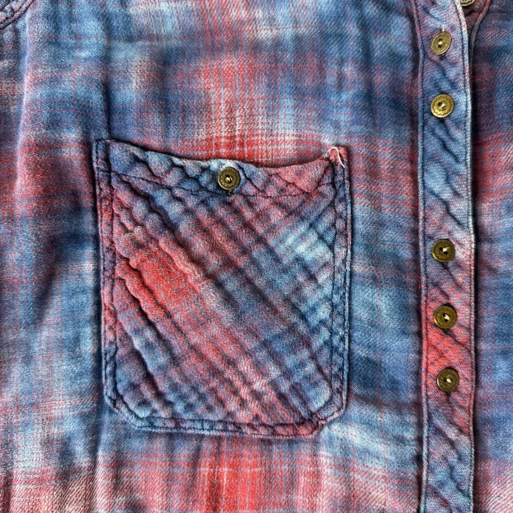 Free People Oversized Double Dip Plaid Shirt Blue Red‎ Button Up Gauzy Sz XS